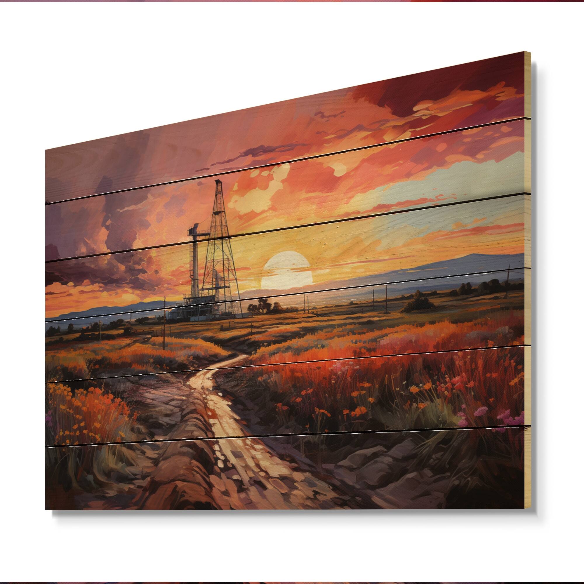 Designart "Orange Oil Rigs Rig Resonance II" Oil Rigs / Fields Print on